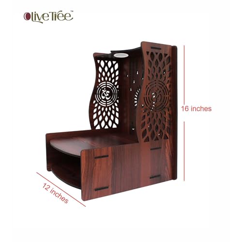 Image of Olive Tree Ethnic Wooden Pooja Mandir for Home Handcrafted Puja Stand | Wall Mounted with LED Spot Light | Mandapam, Pooja Ghar, Temple Office Decor - Walnut Size 12X12X16 Inch 1007