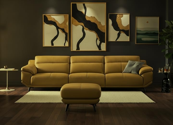 4 Seater Sofa Leatherette Fabric Puffy Design with Stainless Steel Legs, Comfortable & Puffy Design Upholstered Modern Sofa Set 5 Seater for Home Office & Living Room (Light Yellow)-picture-40