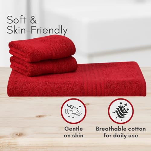 Image of Mafatlal Joy Cotton Bath & Hand Towel Set - Pack of 3 | 1 Bath Towel (58 x 29 inch) + 2 Hand Towels | Soft, Quick Dry | 450 GSM | Flery Red | Highly Absorbent for Daily Use