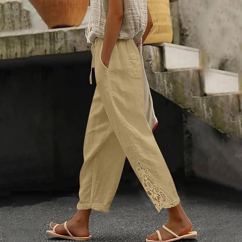 Cropped Linen Pants Women Plus Size Elastic High Waisted Wide Leg Pants Casual Summer Lace Loose Trousers with Pockets2