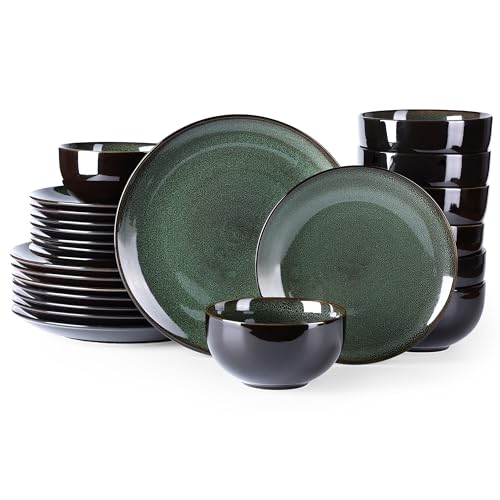 Image of LERATIO Ceramic Dinnerware Sets for 8,Stoneware Plates and Bowls Sets,Handmade Reactive Glaze Dishes Set,Chip Resistant and Scratch Resistant | Oven&Dishwasher & Microwave Safe-Green(24PCS)