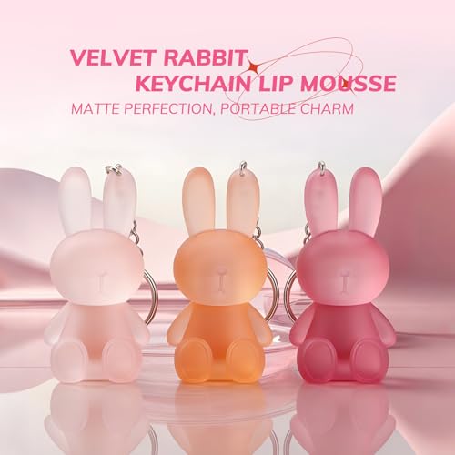 Probuk 3 Farben Bunny Matte Lipstick Set, 2 in 1 Kaninchen Lipgloss mit Schlüsselanhänger, Samtige Lip Glaze, Wasserfest Langanhaltend Non-Stick Cup, Make-up Ostergeschenke für Frauen und Mädchen