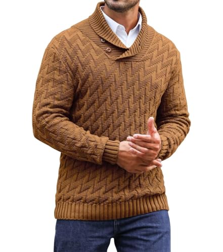Men's Shawl Collar Sweater Cable Knit Button-Up Pullover, Solid Color Casual Top for Spring2