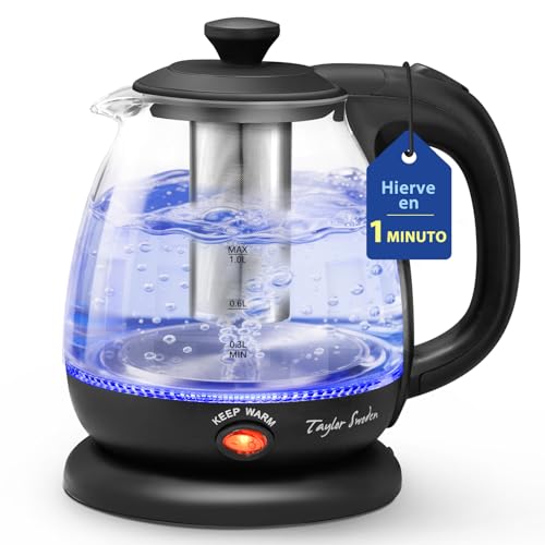 Taylor Swoden Hervidor de Agua Eléctrico de Vidrio Borosilicato 1L, 2200W, Hervido Rápido, Función Mantener Caliente, Infusor de Té Extraíble, Base 360°, Apagado Automático, Libre de BPA