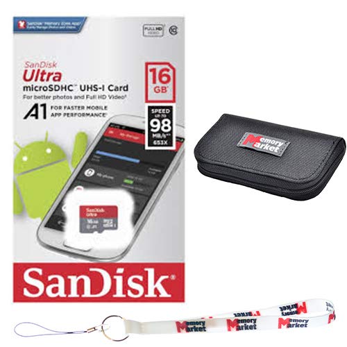 SanDisk Ultra 16GB MicroSD HC Class 10 A1 UHS-1 Mobile Memory Card up to 98MB/s Read Speed (SDSQUAR-016G) with Dual Slot MemoryMarket MicroSD & SD Memory Card Reader and Memory Market Wallet