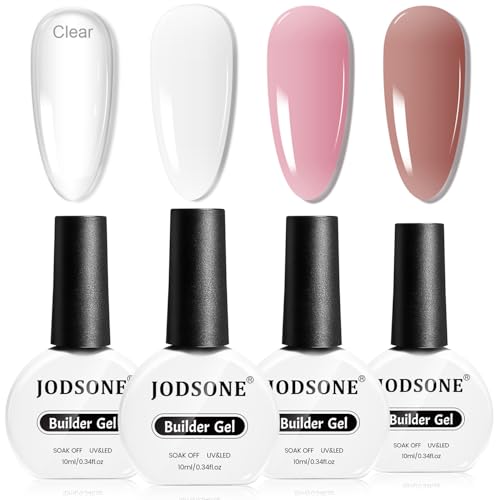 JODSONE Lot de 4 gels de construction pour ongles, 10 ml, durcisseur d'ongles et renforceur d'extension, dur à durcir à l'aide d'une lampe à ongles, blanc transparent, rose, marron