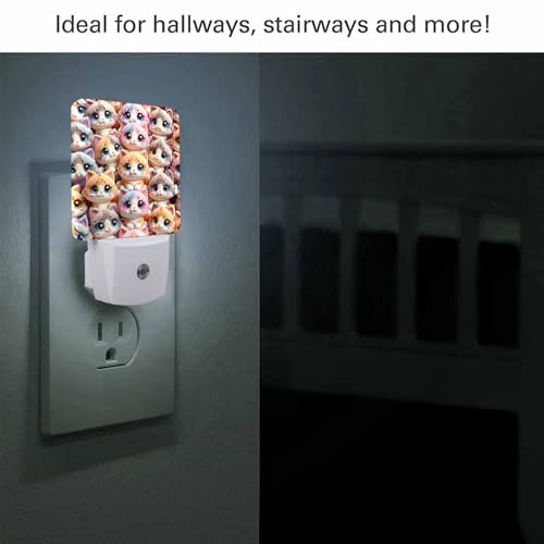 Image of LED Night Light,Cute Cat Faces Colorful Pattern LED Night Light Plug into Wall with Dusk to Dawn Light Sensor White Energy Efficient Nightlight for Bedroom Bathroom Hallway Living Room Kitchen
