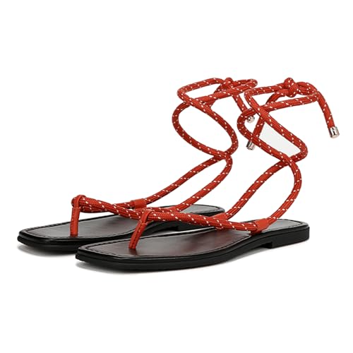 Rope Flat Sandals for Women Strappy Lace Up Square Open Toe Thong Sandals Comfortable Summer Beach Flip Flops Shoes