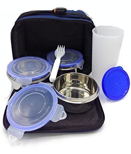 Perpetual Bliss Stainless Steel Lunch Box/Leak Proof/3 Container/Glass/Spoon/Fork/Cover