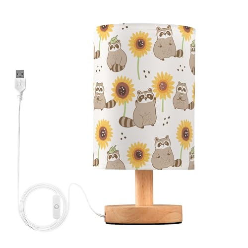 YYZZH Table Lamp Cartoon Raccoons and Sunflower Pattern Nightstand Lamp with Wood Base Fabric Lamp Shade Bedside Desk Lamp for Living Room Bedroom Kids Room Office