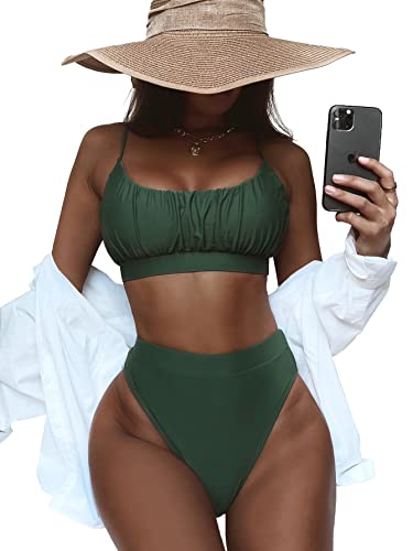Lilosy Cute Ruched High Waisted Tummy Control Bikini Ribbed Sporty Brazilian Swimsuit Set Women Highwaisted Cheeky Cut Leg Bottom Crop Top 2 Piece Bathing Suit Army Green Large