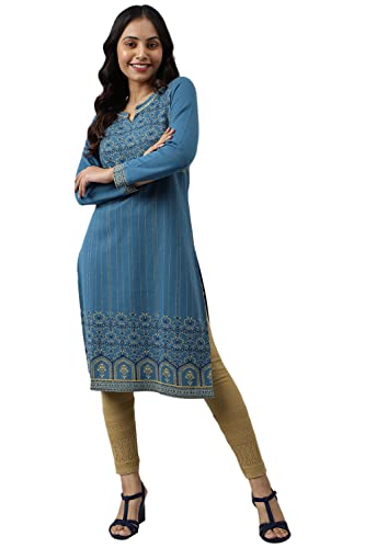Image of Aurelia Women Faience Cotton Blend Floral Yarn Dyed Straight Kurta
