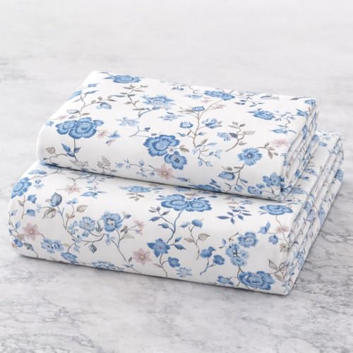 Image of Blue Strip Polycotton Fitted Bedsheet, Single 42x75 (WhiteBlue Gulab) | 300 TC | All-Round Elastic Grip | Soft, Breathable & Colourfast | Wrinkle Resistant | Machine Washable