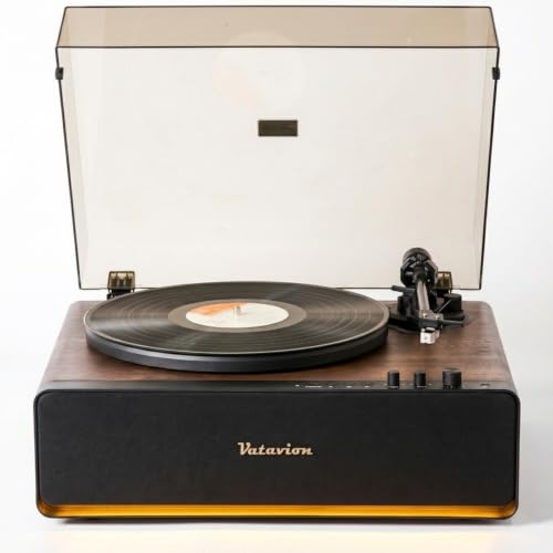 Vatavion Vinyl Record Player with Built-in Speakers, All-in-One Bluetooth Turntable for 33/45 RPM, High Fidelity Turntables for Vinyl Records with Magnetic Cartridge AT-3600L, Ambient Light