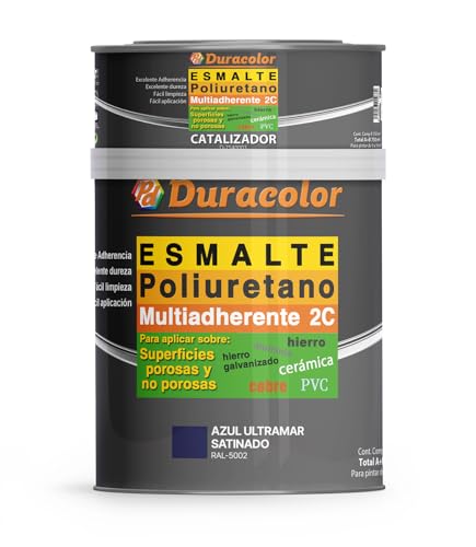 Esmalte al Poliuretano Multiadherente Satinado Duracolor | Pintura para Metales, Madera, Bañeras, Azulejos y Sanitarios | Resistente y Duradero (600 ml + 150 ml, Azul Ultramar RAL 5002)