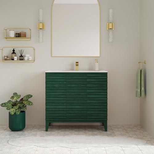 Image of Swiss Madison Cascade 36 inch Freestanding Bathroom Vanity in Green Oak with Sink Top