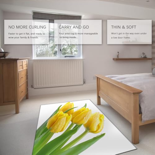 Tapis tulipe jaune lavable en machine résistant pour salon blanc