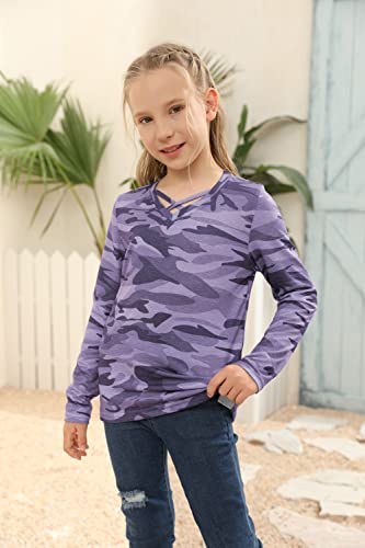 simtuor Girls Camouflage Long Sleeve Shirts V Neck Criss Cross Tops Kids Casual Loose Soft Blouse T-Shirt 4-15 Years3