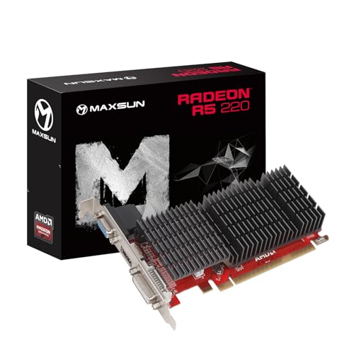 MAXSUN AMD Radeon R5 220 1GB Silent Grafikkarte (Passiv 0dB Kühlung, Low Profile DVI, VGA, HDMI 64 Bit DDR3 PCI Express X16 Gaming-Grafikkarte) MAXSUN AMD Radeon R5 220 1GB Silent Grafikkarte (Passiv 0dB Kühlung, Low Profile DVI, VGA, HDMI 64 Bit DDR3 PCI Express X16 Gaming-Grafikkarte)