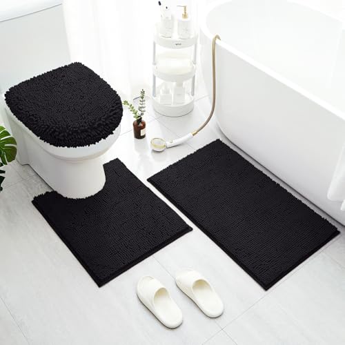 BYSURE Black Bathroom Rugs Sets 3 Piece with Toilet Lid Cover Non Slip Extra Absorbent Plush Chenille Soft Washable Bath Mats