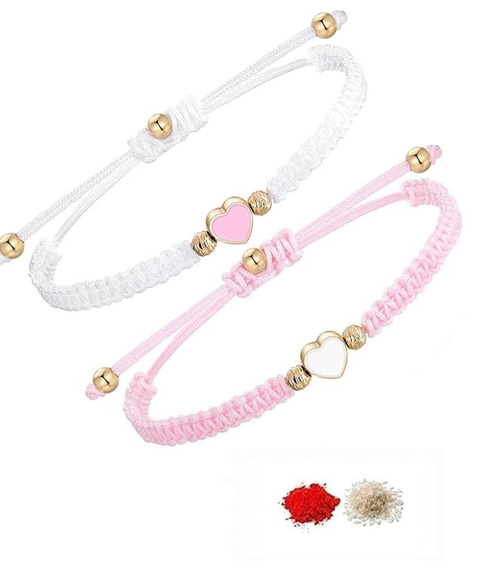 El Regalo 2PCs Minimalist & Elegant Heart Bracelet Rakhi Combo Set for Brother/Bhai/Bhaiya-Bhabhi with Roli-Chawal & Rakhi Gift Box - Handwoven, Beautifully Packaged (Pink & White) (B0D8JCPKYW) Amazon Price History, Amazon Price Tracker