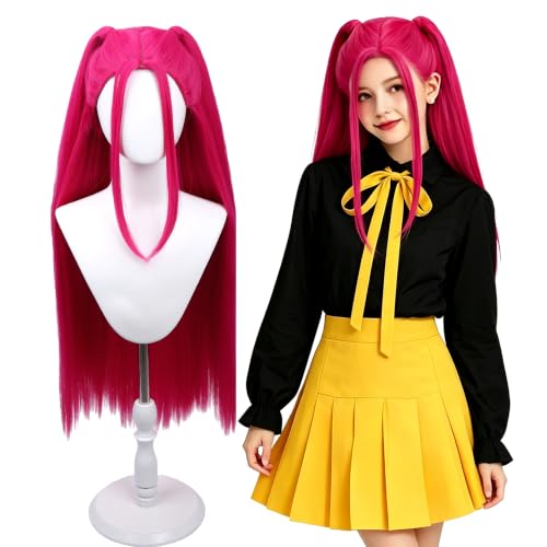 Hot Pink Wigs Magenta Wig with 2 pigtails Halloween Cosplay Wigs