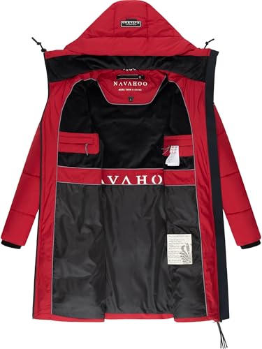 Navahoo Damen Langer Wintermantel warmer Steppmantel mit großer Kapuze und Fleece-gefütterten Kragen Kältekuschel XIV Dark Red Gr. S