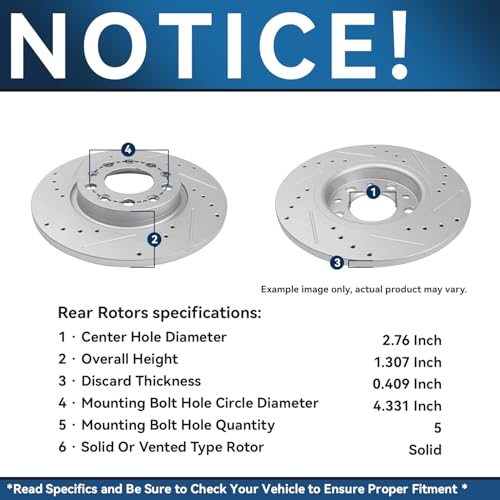 Image of Detroit Axle - Rear Drilled & Slotted Brake Kit for 2015-2017 Chrysler 200 | 2014-2022 Jeep Cherokee Disc Brake Rotors Ceramic Brake Pads w /Single Piston Calipers Replacement : 10.95'' inch Rotor