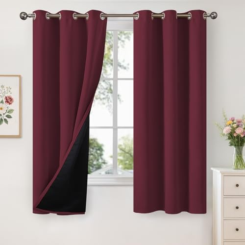 Image of YoungsTex Burgundy 100% Blackout Curtains 63 Inch Length 2 Panels, Room Darkening Drapes with Liner Thermal Insulated for Bedroom Living Room Window, 42 X 63 Inch