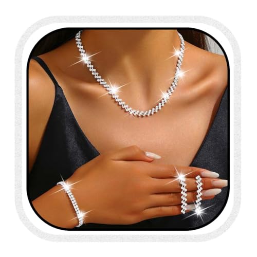 Reaky Strass-Halsketten-Set, silberne Kristall-Halskette, Brautschmuck, Hochzeitsaccessoires für Frauen
