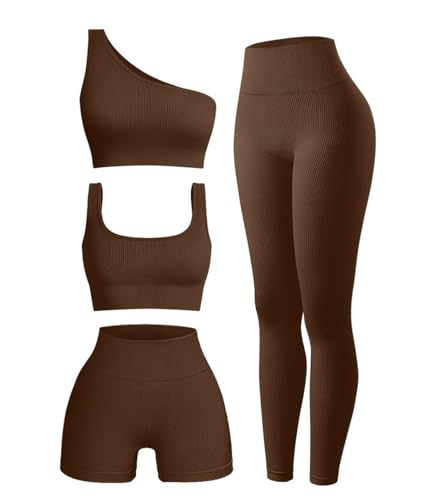VIOPY Conjunto Deportivo Mujer 4 Piezas Yoga Set Ejercicio Mujeres de Acanalados para Entrenamiento Deportes Correr Pilates (Marrón, M)