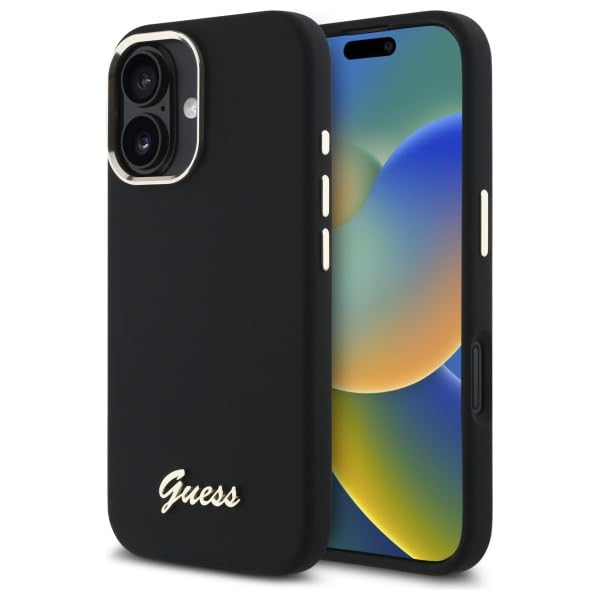 CG MOBILE Guess GUHCP16SSMBSLK Coque pour iPhone 16 6,1" Noir Silicone Script Metal Logo & Cadre