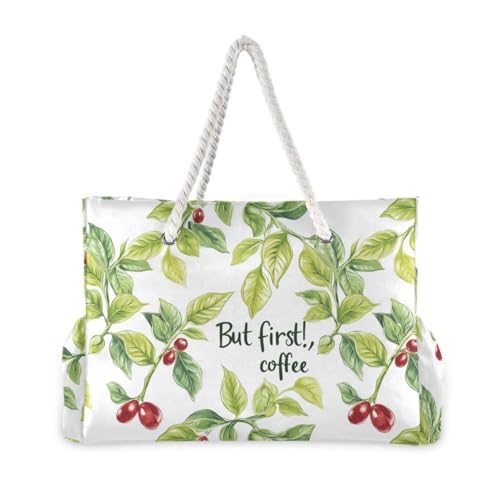 Green Coffee Plants White But First Coffee Sturdy Women Tote Bag with side pocketes Rubber Beach Bag for Pool Gym Grocery Travel2