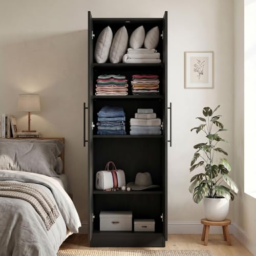 Image of FFO 2 Door Wardrobe | Multi-Purpose Wardrobe Organizer with Shelves | Engineered Wood Cupboard for Living Room, Bedroom & Office | Modern Sideboard Storage Unit Black DIY.