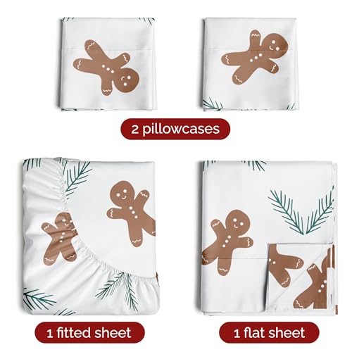 King Christmas Gingerbread Cookie Sheet Set - Holiday Xmas Pattern Bedding Set - Deep Pockets - Snug Fit - 4 Piece - Wrinkle Free - Comfy Festive Winter - Holiday Sheets for Women, Men, Kids & Teens