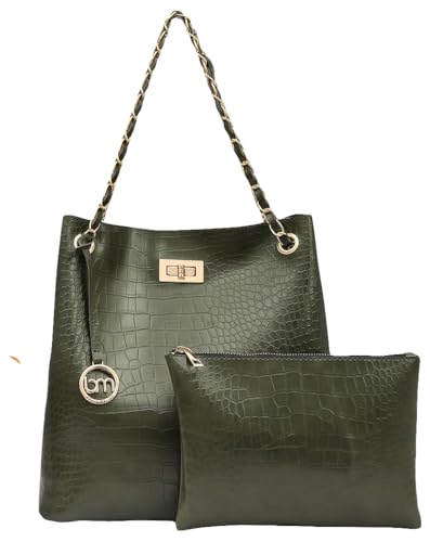 Image of Bagsy Malone Bucket Shaped Tote Bag -Set of 2 | Handcrafted Side Tote Bag for Office and College (Croco Olive)