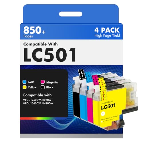 Image of LC501 MFC-J1360DW Ink Cartridges for Brother Printer LC501XL LC 501 Series Inks for Brother Work Smart 1360 MFC-J1260W MFC-J1260DW MFC-J1410DW MFCJ1360DW MFC J1360DW (4Pack Black Cyan Magenta Yellow)