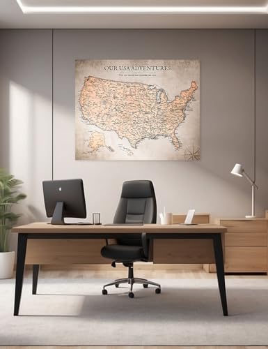 Image of IPIC - Vintage USA Canvas Wall Art, Large Travel Map Print for Home, Office, or Study, Push Pin Map Decor for Travel Lovers, Ready to Hang