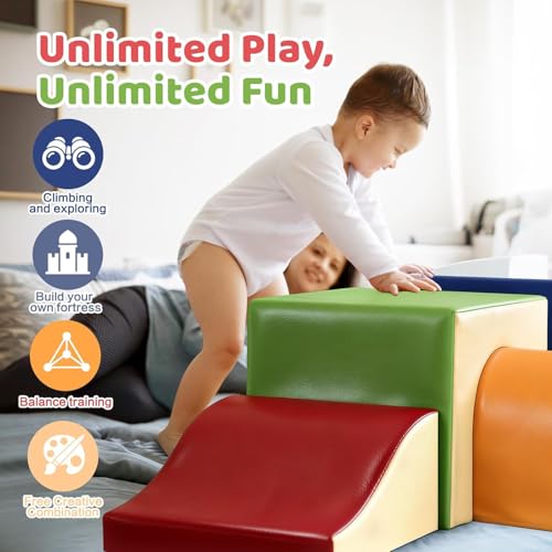 Image of Sumbababy Toddler Climbing Foam Blocks: 4 PCS Indoor Play Gym with Slide and Stairs - Soft Playground Set for Kids - Includes Tunnel for Fun Climbers
