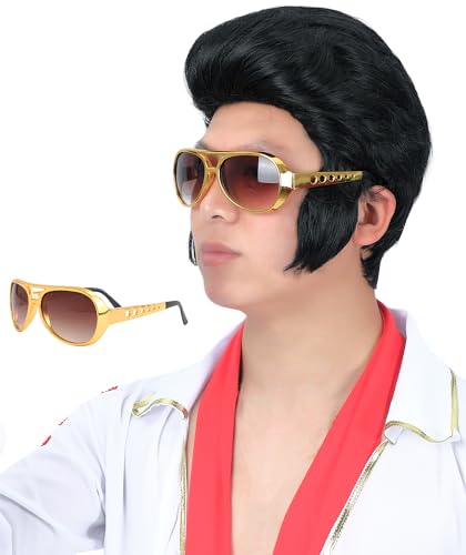 AMZCOS Juego de 4 piezas de 50 años 60 peluca Rock Legend con gafas de sol y collar para hombre Rock and Roll Cantante Rocker Disfraz peluca para Cosplay Halloween Party