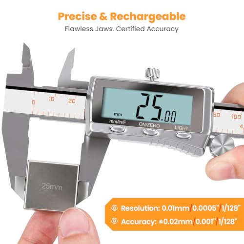 Image of HARDELL Digital Caliper 8 Inch, Rechargeable All Metal Electronic Micrometer with Large Backlit LCD, Inch /mm /Fraction Conversion, Auto-Off - Measuring Tool for DIY, 3D Printing, Workshop & Household