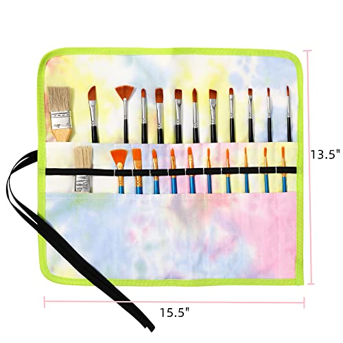 Image of Denifiter Colored Brush Roll with Canvas Strap - Pencil Case Tie Dye Print 22 Slots - Large Capacity Polyester Pen Organizer for Watercolor Pens or Markers