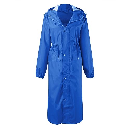 Generisch Chubasquero largo para mujer impermeable ligero con capucha capucha elástica cordón en la cintura (con bolsillos con capucha) chubasquero mujer puntos, azul, M