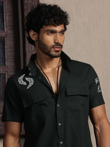 Image of Thomas Scott Men's | Embroidered Printed | Half Sleeve | Regular Fit | 100% Cotton | Double Pocket | Spread Collar | Casual Shirt