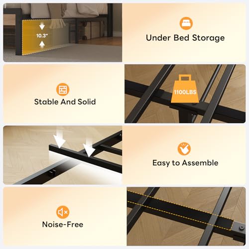 Image of LIKIMIO California King Bed Frame with Storage Headboard and LED Lights, Metal Platform Bed with Charging Station, Noise Free, No Box Spring Needed, Under Bed Storage, Natural and Cream