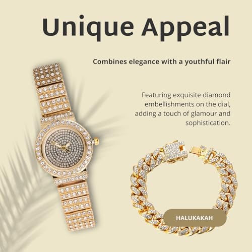 Image of Halukakah Kids' Diamond Watch Sparkling Starry: 18k Real Gold /Platinum Plated,Elegant & Casual Round Dial,Full of Diamonds,Stainless Steel Band Quartz Watch,Present for Boys and Girls