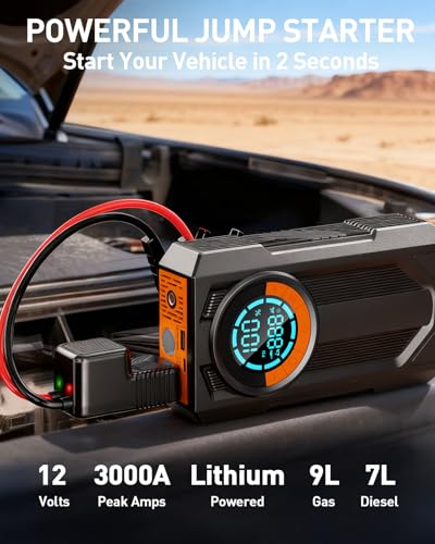 Jump Starter with Air Compressor Battery Jumper Starter Portable Car Battery Jump Starter 8.0 Gas/7.0L Diesel 12V Portable Car Jump Starter with Tire Inflator LED Light,Gift for Men Fathers Husbands - Image 3