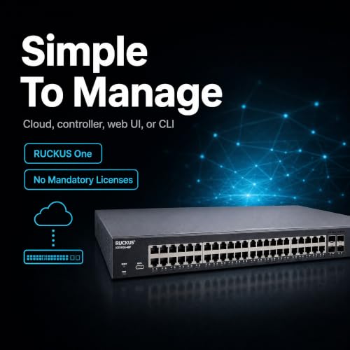 Image of Ruckus ICX8100-48P Managed Switch, 48x Gigabit PoE+, 4x 1GbE SFP Uplinks, 370W PoE Budget - Enterprise Layer 2 Access Switch, No Licensing Required