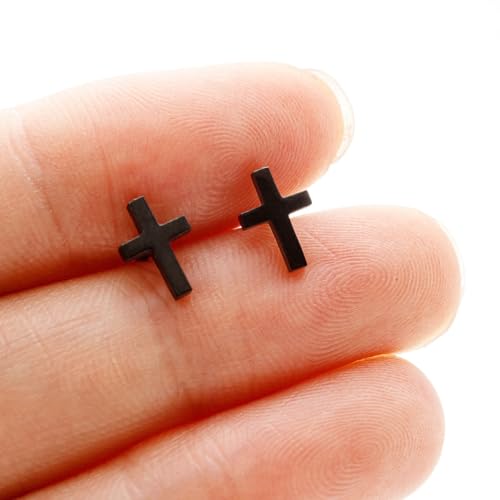 BlackAmazement Lot de 2 boucles d'oreilles en acier inoxydable 316L - Avec croix - Argent - Or rose - Noir - Pour homme et femme, Acier inoxydable – vue 3