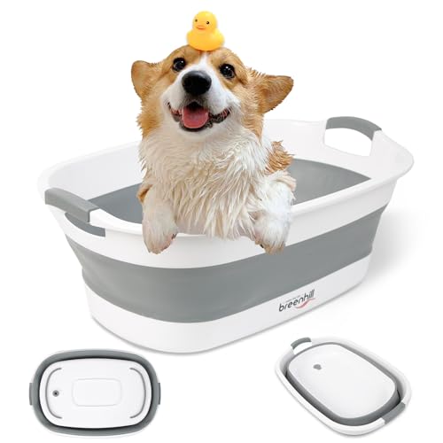 BREENHILL Faltbare Hundebadewanne für kleine Hunde und Katzen, tragbare Welpenbadewanne mit Wasserablaufstopfen, platzsparende faltbare Haustierbadewanne für drinnen und draußen, Grau